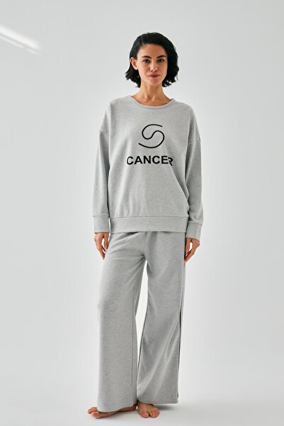 Akbeniz Women's Gray Cancer Zodiac Oversized 2 Thread Tracksuit Home Wear Set