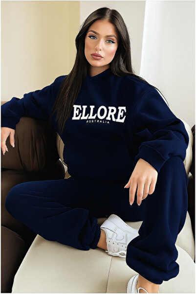 CLAYES Ellore Australia Tracksuit Set Sweatshirt Jogger - Navy Blue Printed Oversized Fleece-Lined Hooded