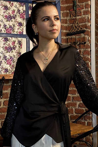 thesunfyre Γυναικεία μπλούζα με λαιμόκοψη σε σχήμα V με παγιέτες στο πλάι με λεπτή εφαρμογή σατέν