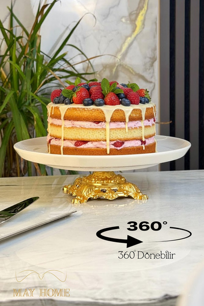 MAY HOME Döner Standlı Porselen Sunumluk Tabak & Metal Ayaklı Pasta Kurabiye ...