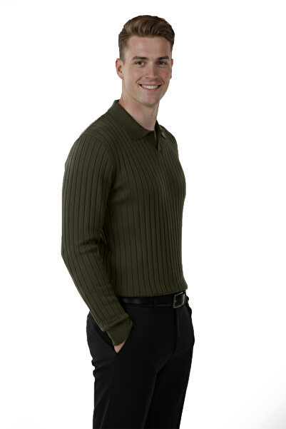 DeepSEA Men's Khaki Polo Neck Corded Fabric Knitwear Sweater – 100% Cotton, Flexible Texture, Modern Fit 2605305