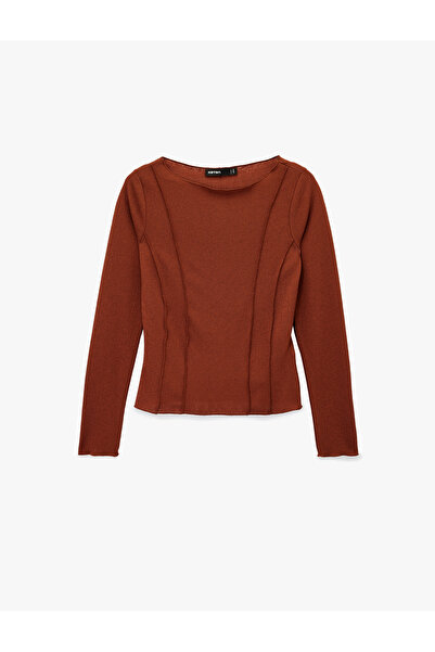 Koton Slim Fit Long Sleeve Boat Round Neck Stitching Detail T-Shirt