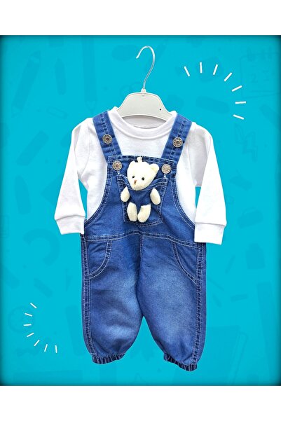 Özgün Baby Ayı Oyuncaklı Paça Lastikli Cep Detaylı Kot Bebek Salopet takım