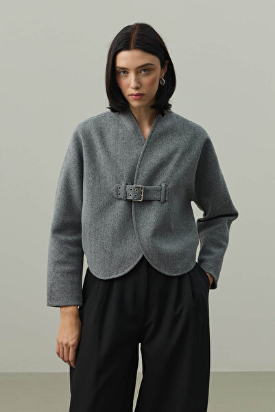 Fahhar Belt Detailed Cashmere Jacket Gray