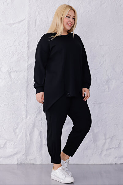 MAG FASHİON Plus Size Pants Black with Pleated Detail at the Legs Plus Size Sweatpants with Pleated Legs Oshho Fabric