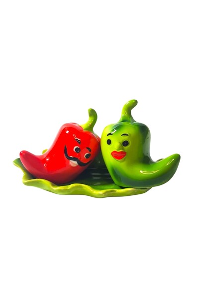 OEM Ceramic Pepper Shaped Salt Shakers Set – Red & Green, with Stand Included, for Kitchen