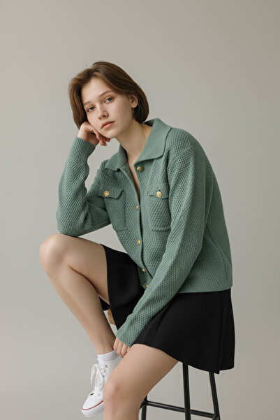 NEWCO Gold Button Textured Knitwear Jacket with Double Pocket Detail, Polo Neck, Long Sleeves