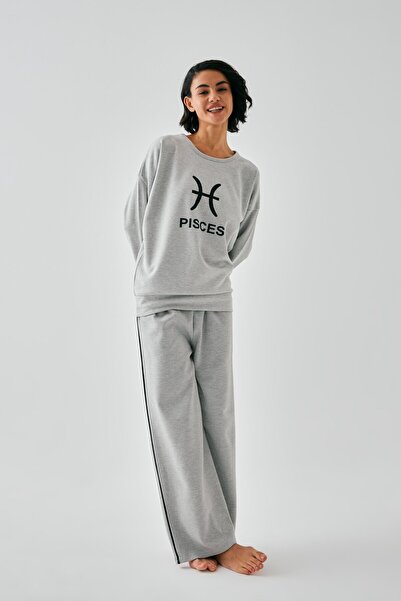 Akbeniz Women's Gray Pisces Oversized 2 Thread Tracksuit Home Wear Set