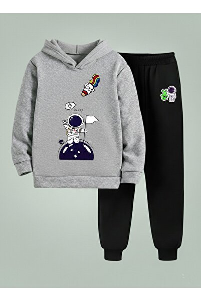 LORVEX Children Hooded Set Lucky Astronot Printed 3 Thread Ş Fleece-Lined Swe...