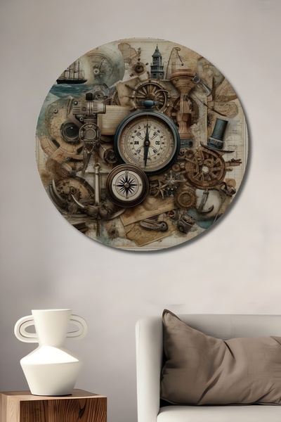 Teona Ahşap Antik Pusula Gemi Dümen Ve Pusulalar Desenli Dekoratif Ahşap Tablo Yuvarlak Tablo
