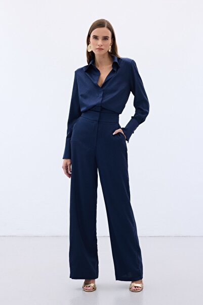 Sateen Jacquard Trousers - Navy Blue