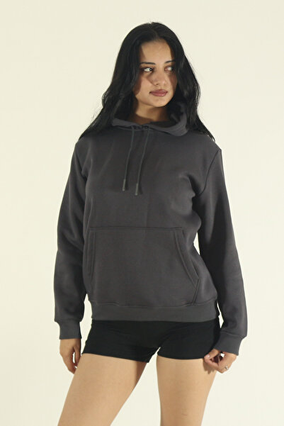 EydaMoon Women's Smoked Winter Cotton Puff Fabric Kangaroo Pocket Hooded Sweatshirt