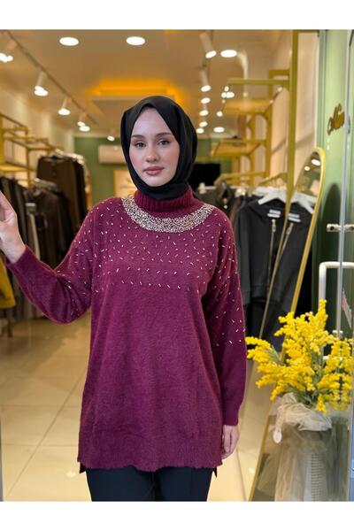 Nuss 7003 Balıkçı Yaka İşlemeli Angora Tunik Bordo