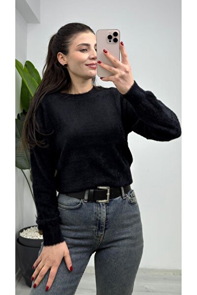 TUNAM BUTİK 857- Crew Neck Plain Bearded Soft Sweater Black