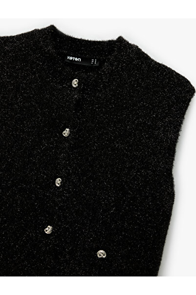 Koton Glittery Crew Neck Knitwear with Metallic Thread Detail Plush Vest with Buttons