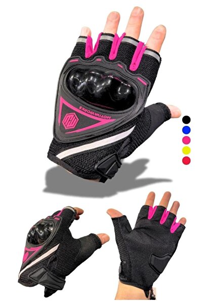 LEIDORY قفازات نسائية قصيرة نصف إصبع للدراجات النارية باللون الوردي