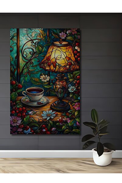 Teona Ahşap Ahşap Tablo Tiffany Tarzı Vitray Kahve Keyfi Yağlı Boya Görünümlü Sanat Eseri Dikdörtgen Tablo
