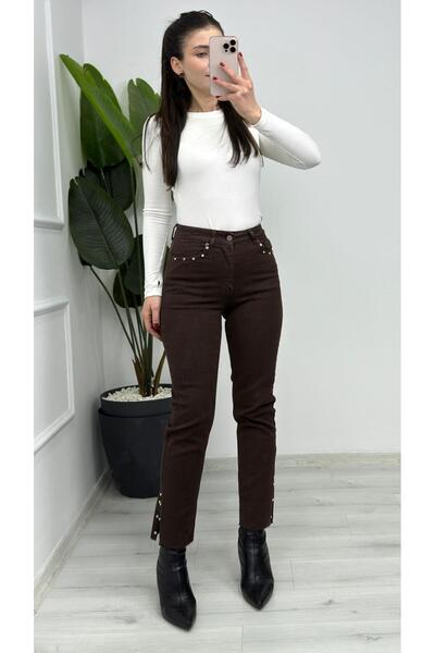 TUNAM BUTİK 1774-78 بنطلون جينز موم كاواي بتصميم فيوري باتشا ستون باللون البني