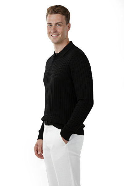DeepSEA Men's Black Polo Neck Corded Fabric Knitwear Sweater – 100% Cotton, Flexible Texture, Modern Fit 2605305