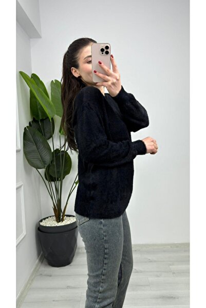 TUNAM BUTİK 857- Crew Neck Plain Bearded Soft Sweater Black