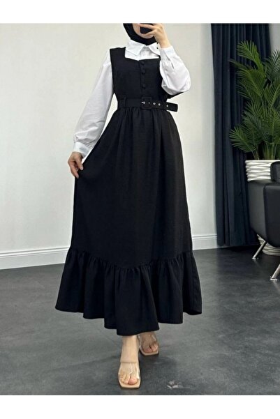 Modamorfo Buttoned Top, Ruffled Bottom, Belted Waist Gilet Dress -Black