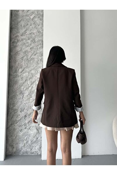 Moda İkra Women's Navy Blue Lined Blazer Jacket with Striped Fold Detail on the Sleeves