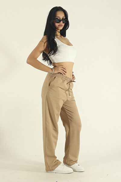 EydaMoon Women's Beige Combed Cotton Fabric Stretch Fabric Wide Leg Elastic Waist Palazzo Sweatpants