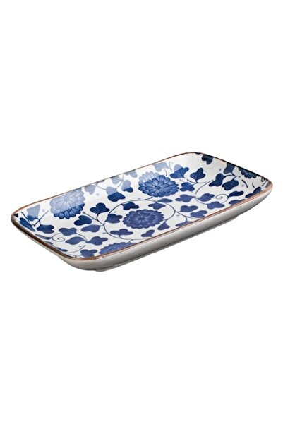 OEM White rectangular ceramic plate with blue floral pattern for sushi 19x11x2cm