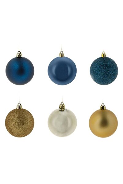 OEM Set de 6 globuri albastru-aurii pentru decorarea bradului de Crăciun, 6 modele asortate, 6 cm