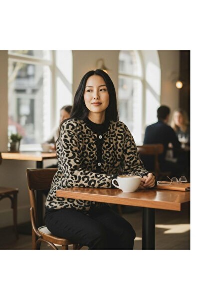 DLC Tekstil Pulover-cardigan din lână cu model leopard