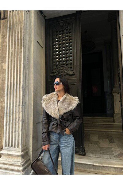 MODAGK Designer Fur Detailed Belted Leather Jacket