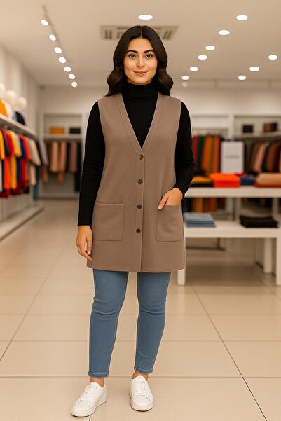 Kuraff Giyim Classic Style Glorya Fabric Women's Long Vest with Pockets