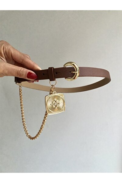 Gözde Tasarım Butik Women's Brown Thin Faux Leather Belt with Chain and Accessories