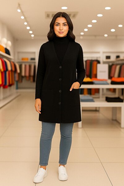 Kuraff Giyim Classic Style Glorya Fabric Women's Long Vest with Pockets