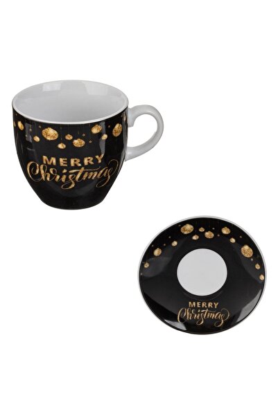 OEM Black porcelain Christmas cup with golden baubles "Merry Christmas" & saucer 100ml