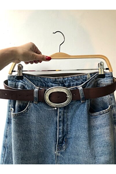 Gözde Tasarım Butik Women's Brown Antique Silver Oval Buckle Suede Belt