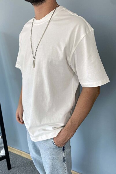 Alışveriş Sokağı Oversized Fit 100% Cotton Medium Thick Textured Ecru T-Shirt