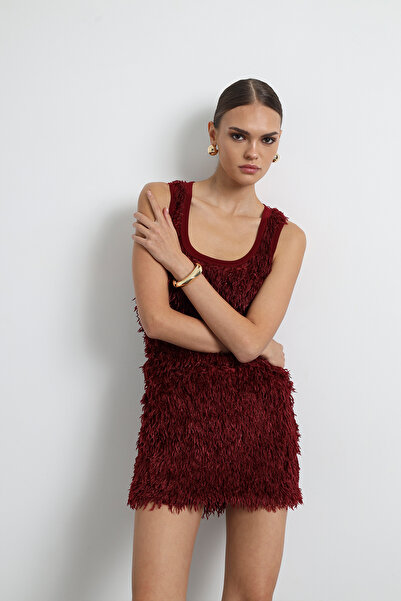 Mozto Furelle Feathered Burgundy Mini Skirt