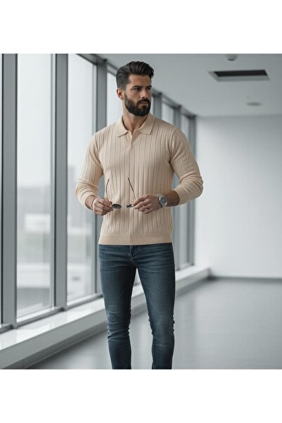 dibcollectionn Men's Old Money Polo Neck Corded Fabric Knitwear Sweater