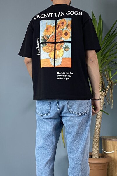 Alışveriş Sokağı Van Gogh Printed Crew Neck Oversized Black T-Shirt