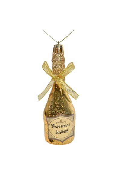 OEM Christmas Tree Ornament - Champagne Bottle Glass with Gold Bow & Beige-Gold Glitter 12cm