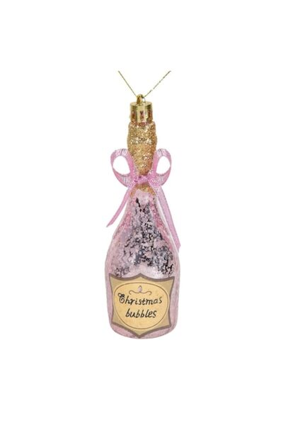 OEM Ornament de Crăciun pentru sticlă de șampanie, roz cu fundă roz și sclipi...