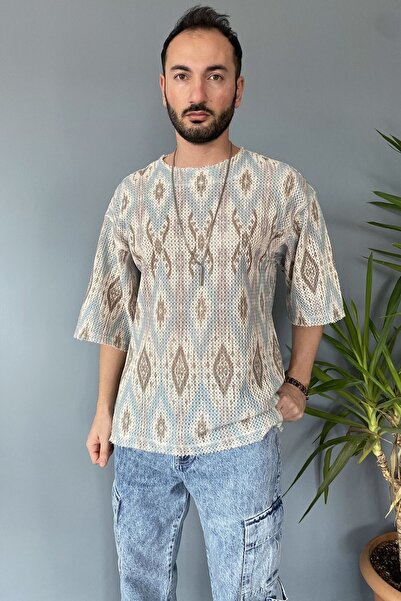 Alışveriş Sokağı Oversized Crew Neck Jacquard Turquoise T-Shirt