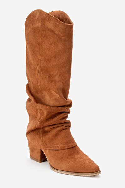 LuviShoes Elaris Tan Suede Bellows Women's Thick Heeled Boots