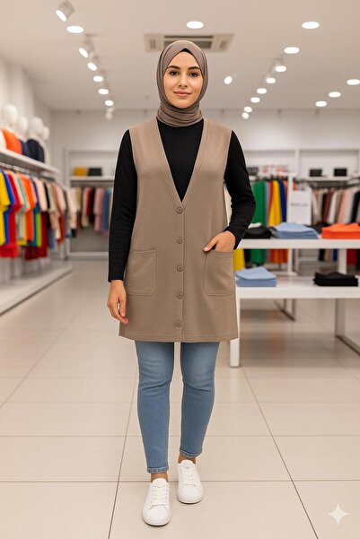Kuraff Giyim Classic Style Glorya Fabric Women's Long Vest with Pockets