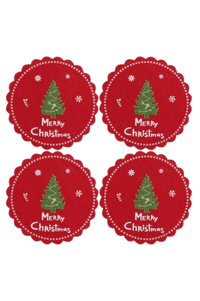 OEM Set of red felt coasters with Christmas tree pattern ø12cm - 4 pcs