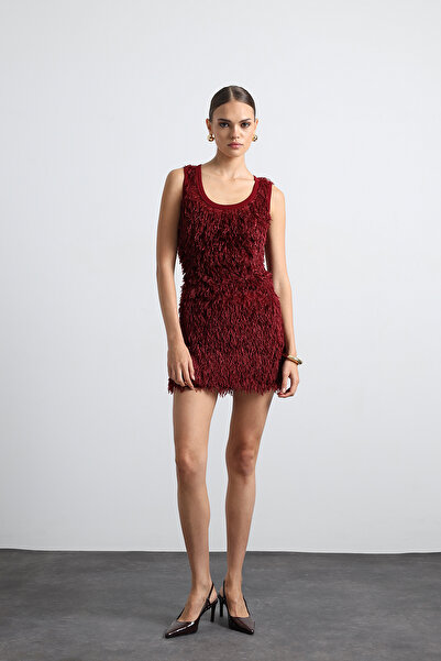 Mozto Furelle Feathered Burgundy Mini Skirt