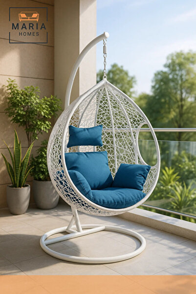 MARIA HOMES كرسي أرجوحة معلق من الخيزران الأبيض مع وسادة زرقاء وحامل لشرفة ال...