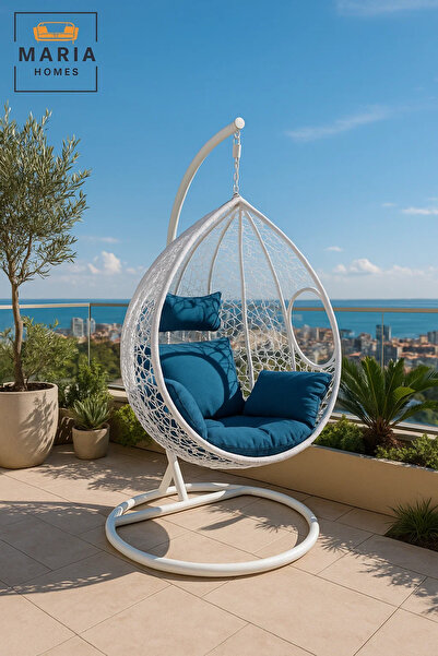 MARIA HOMES White Hanging Swing Chair with Blue Cushion and Steel Stand for Balcony Garden Patio