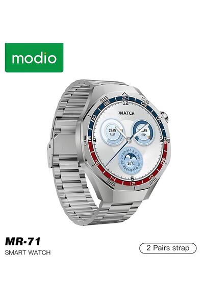 Modio A hybrid analog-digital smartwatch with fitness tracking capabilities and Bluetooth connectivity for notifications, with 2 straps.